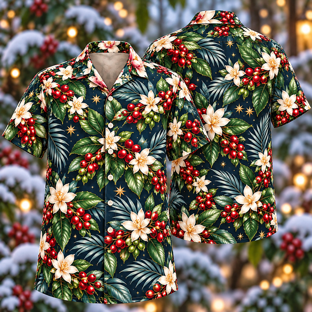 Digital mockup: front and back of one AlohaVero Christmas Ivory Coffee Blossom Navy Aloha No Pocket Hawaiian shirt