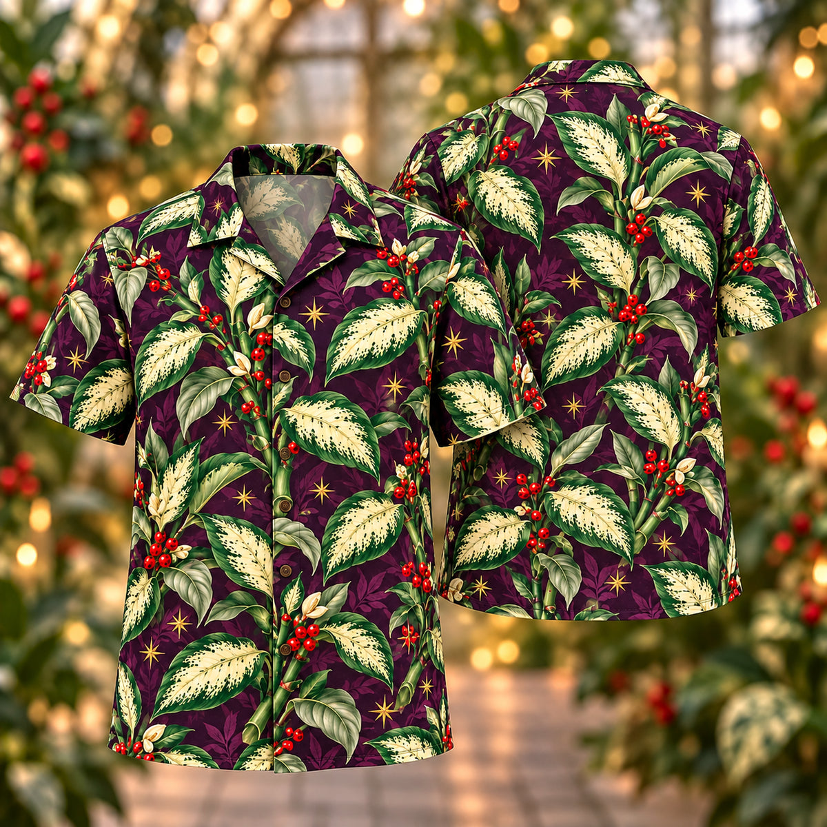 Digital mockup: front and back of one AlohaVero Christmas Ivory Dieffenbachia Plum Aloha No Pocket Hawaiian shirt