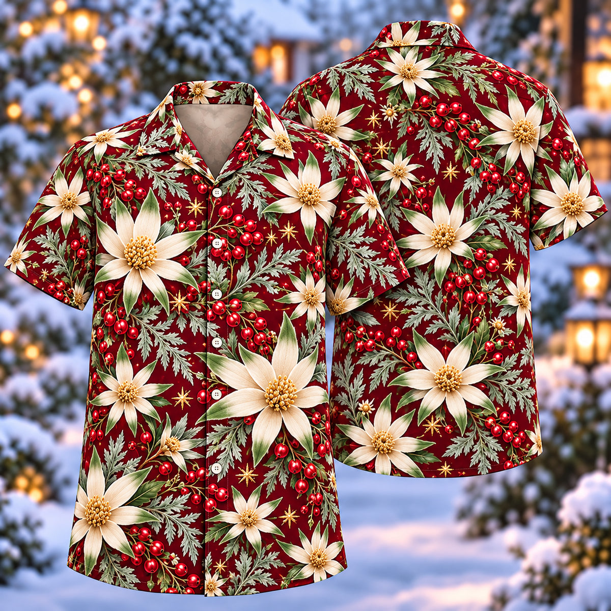 Digital mockup: front and back of one AlohaVero Christmas Ivory Flannel Flower Wine Aloha No Pocket Hawaiian shirt