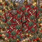 Digital mockup: front and back of one AlohaVero Christmas Ivory Jade Haworthia Wine Aloha No Pocket Hawaiian shirt