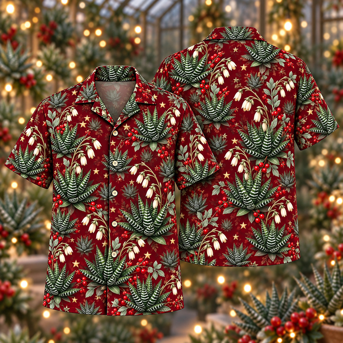 Digital mockup: front and back of one AlohaVero Christmas Ivory Jade Haworthia Wine Aloha No Pocket Hawaiian shirt