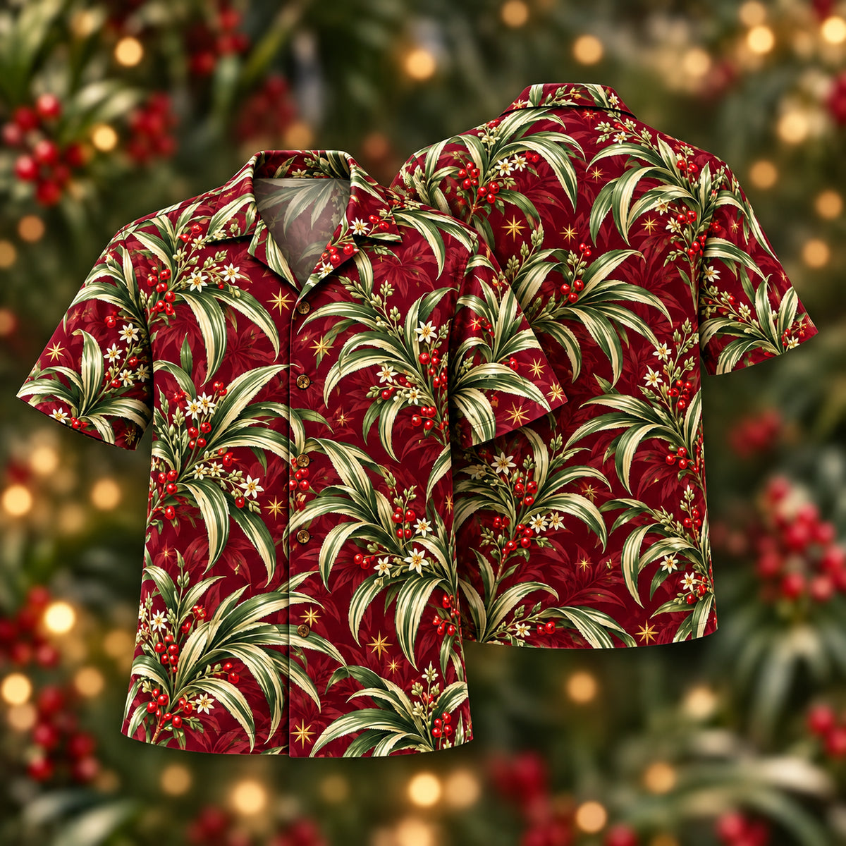 Digital mockup: front and back of one AlohaVero Christmas Ivory Jade Pandan Wine Aloha No Pocket Hawaiian shirt