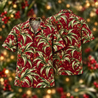 Digital mockup: front and back of one AlohaVero Christmas Ivory Jade Pandan Wine Aloha No Pocket Hawaiian shirt