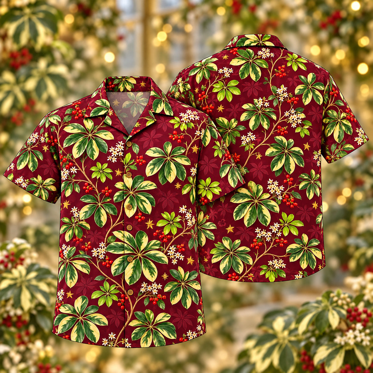 Digital mockup: front and back of one AlohaVero Christmas Ivory Jade Schefflera Wine Aloha No Pocket Hawaiian shirt