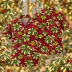 Digital mockup: front and back of one AlohaVero Christmas Ivory Jade Schefflera Wine Aloha No Pocket Hawaiian shirt