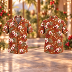 Digital mockup: front and back of one AlohaVero Christmas Ivory Orchid Palm Copper Aloha No Pocket Hawaiian shirt