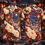 Digital mockup: front and back of one AlohaVero Christmas Ivory Peony Ruby Lantern Moon Garden No Pocket Hawaiian shirt