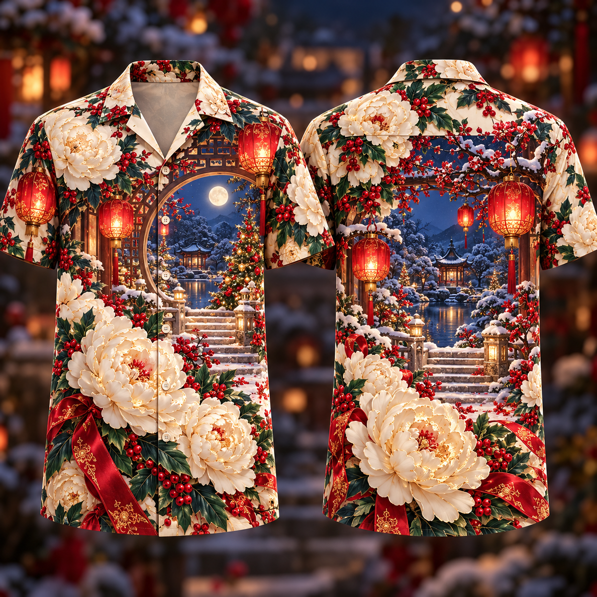 Digital mockup: front and back of one AlohaVero Christmas Ivory Peony Ruby Lantern Moon Garden No Pocket Hawaiian shirt