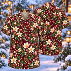Digital mockup: front and back of one AlohaVero Christmas Ivory Philotheca Wine Aloha No Pocket Hawaiian shirt