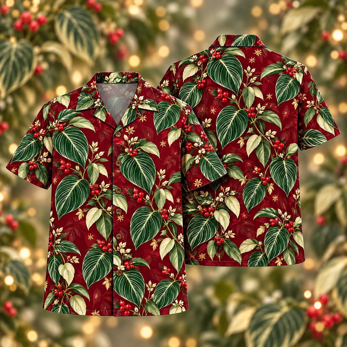 Digital mockup: front and back of one AlohaVero Christmas Ivory Pinstripe Philodendron Wine Aloha No Pocket Hawaiian shirt