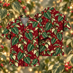 Digital mockup: front and back of one AlohaVero Christmas Ivory Pinstripe Philodendron Wine Aloha No Pocket Hawaiian shirt