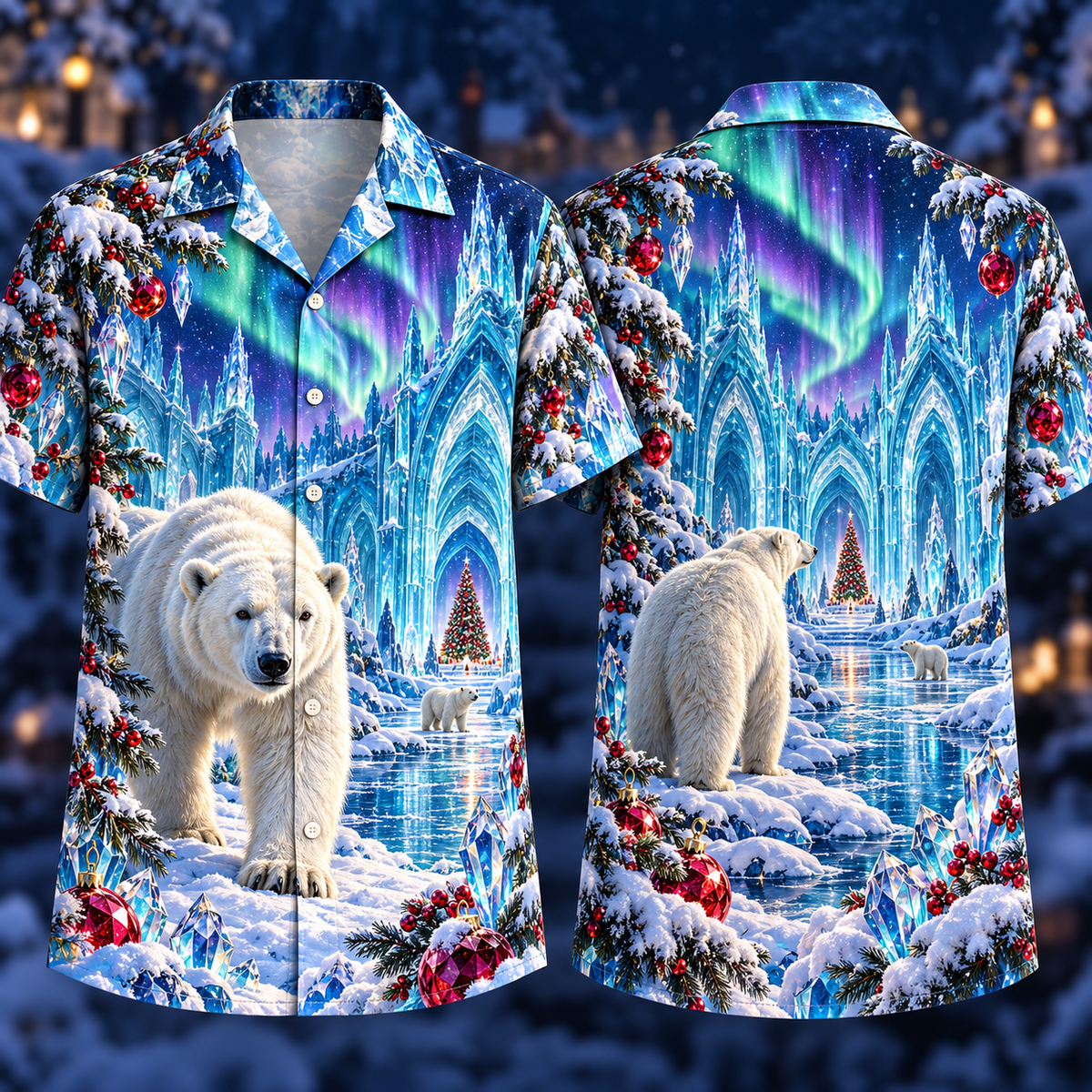 Digital mockup: front and back of one AlohaVero Christmas Ivory Polar Bear Aurora Ice Cathedral No Pocket Hawaiian shirt