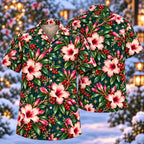 Digital mockup: front and back of one AlohaVero Christmas Ivory Rose Adenium Teal Aloha No Pocket Hawaiian shirt