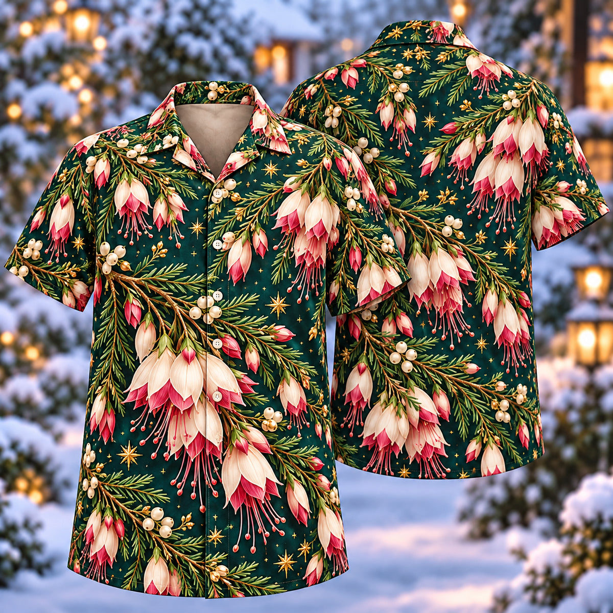 Digital mockup: front and back of one AlohaVero Christmas Ivory Rose Darwinia Teal Aloha No Pocket Hawaiian shirt