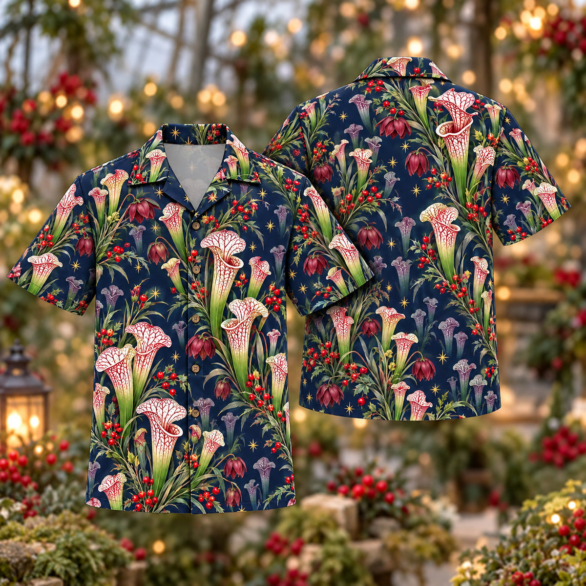 Digital mockup: front and back of one AlohaVero Christmas Ivory Ruby Sarracenia Navy Aloha No Pocket Hawaiian shirt