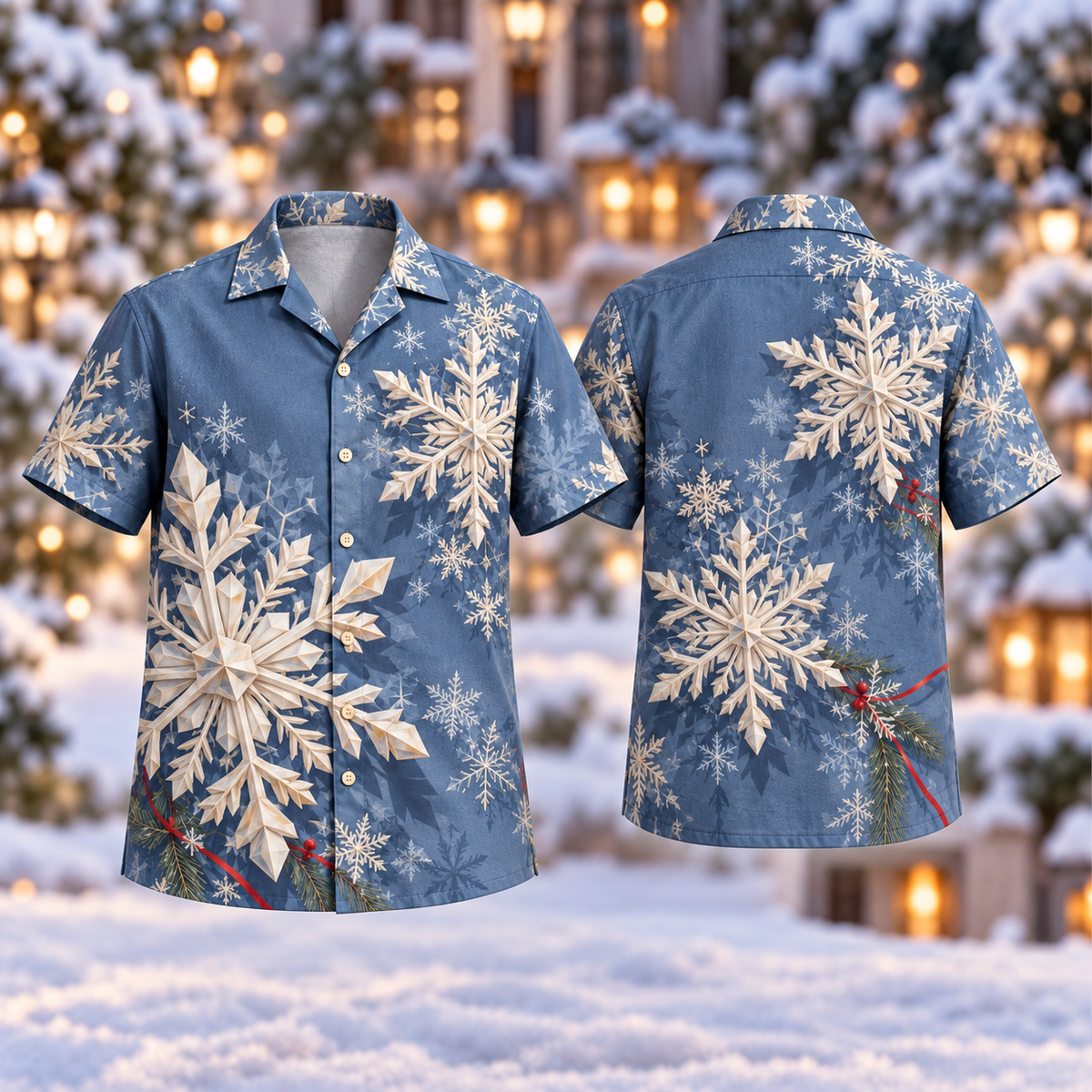 Digital mockup: front and back of one AlohaVero Christmas Ivory Snowflake Slate Lattice No Pocket Hawaiian shirt