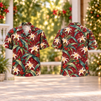 Digital mockup: front and back of one AlohaVero Christmas Ivory Spider Lily Wine Aloha No Pocket Hawaiian shirt