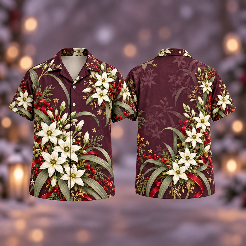 Digital mockup: front and back of one AlohaVero Christmas Ivory Star Flower Wine Plum No Pocket Hawaiian shirt