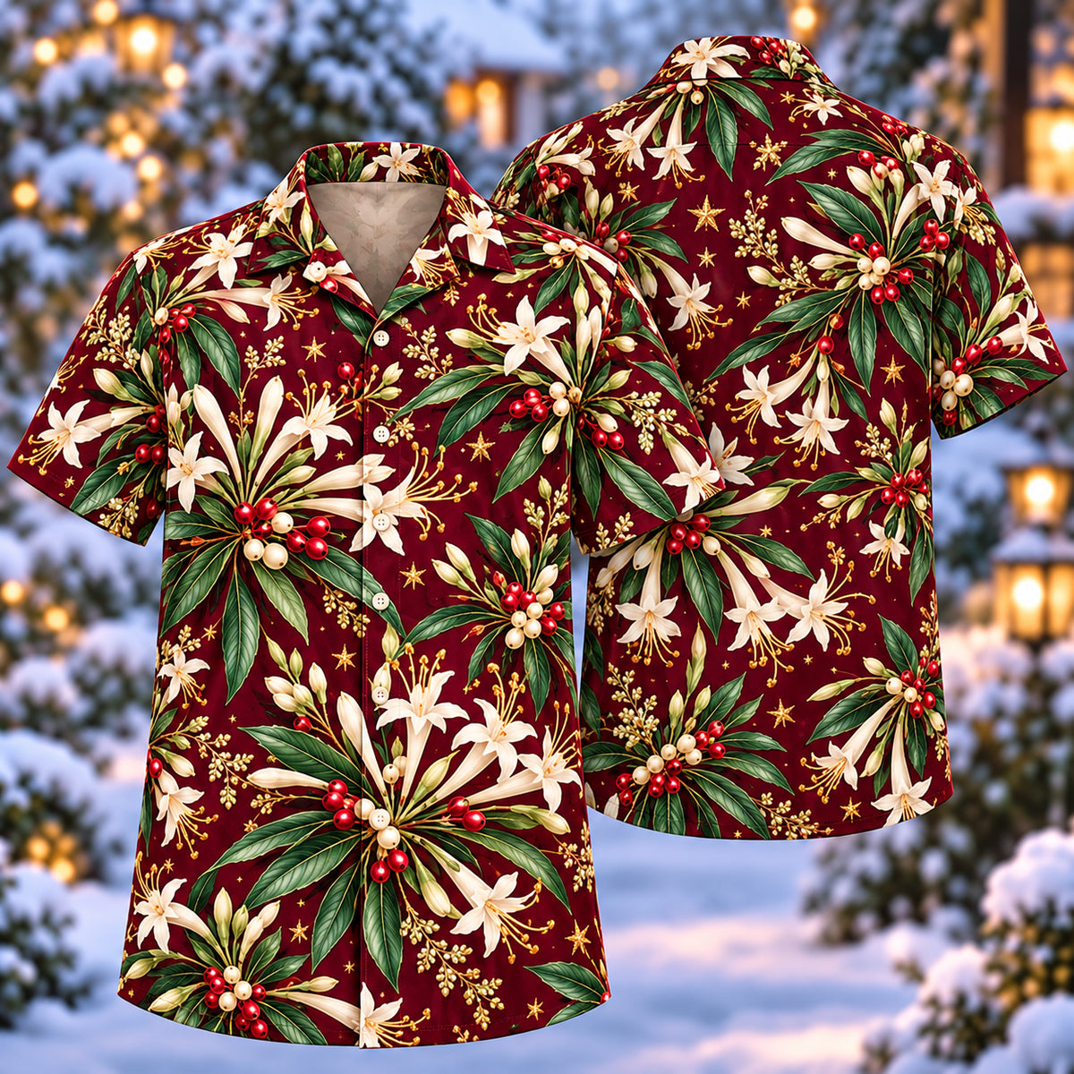 Digital mockup: front and back of one AlohaVero Christmas Ivory Tubeflower Wine Aloha No Pocket Hawaiian shirt