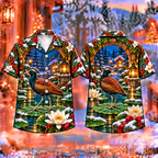 Digital mockup: front and back of one AlohaVero Christmas Jacana Lily Lantern Garden Print No Pocket Hawaiian shirt