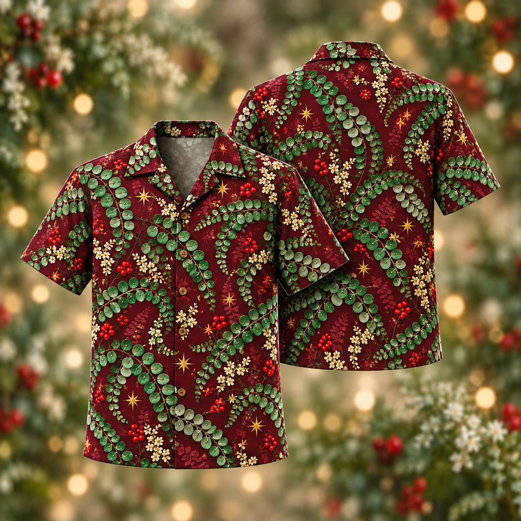Digital mockup: front and back of one AlohaVero Christmas Jade Button Fern Wine Aloha No Pocket Hawaiian shirt