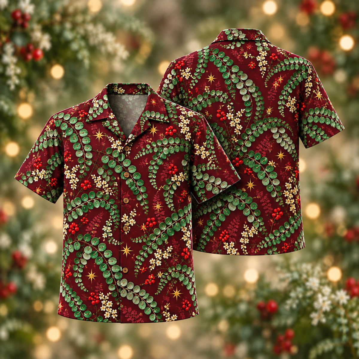 Digital mockup: front and back of one AlohaVero Christmas Jade Button Fern Wine Aloha No Pocket Hawaiian shirt
