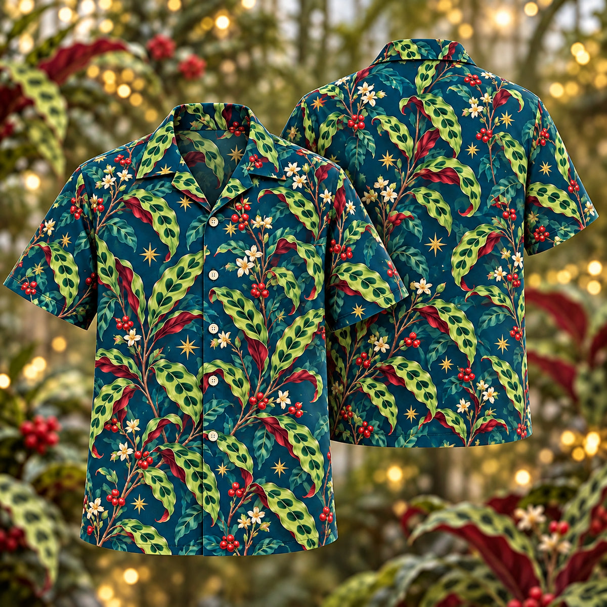 Digital mockup: front and back of one AlohaVero Christmas Jade Calathea Peacock Aloha No Pocket Hawaiian shirt