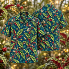 Digital mockup: front and back of one AlohaVero Christmas Jade Calathea Peacock Aloha No Pocket Hawaiian shirt