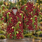 Digital mockup: front and back of one AlohaVero Christmas Jade Darlingtonia Wine Aloha No Pocket Hawaiian shirt