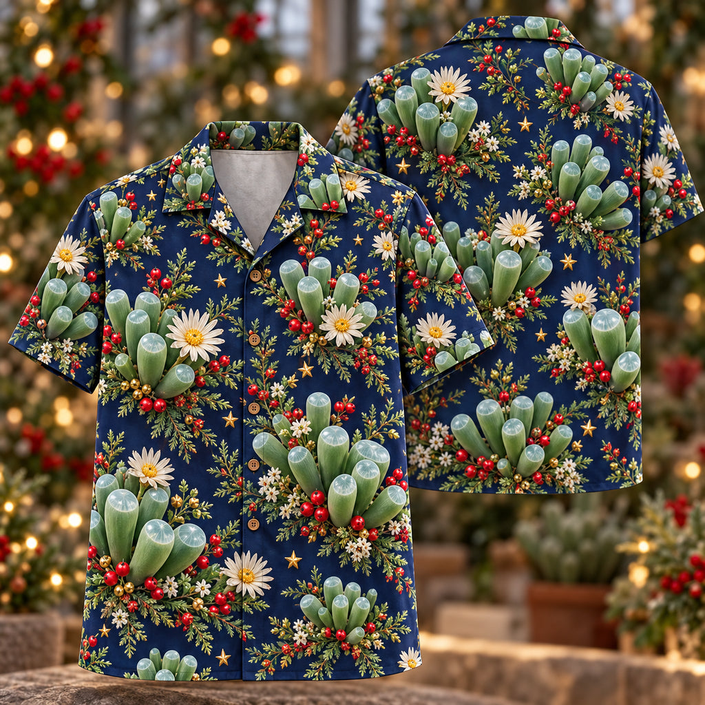 Digital mockup: front and back of one AlohaVero Christmas Jade Fenestraria Sapphire Aloha No Pocket Hawaiian shirt