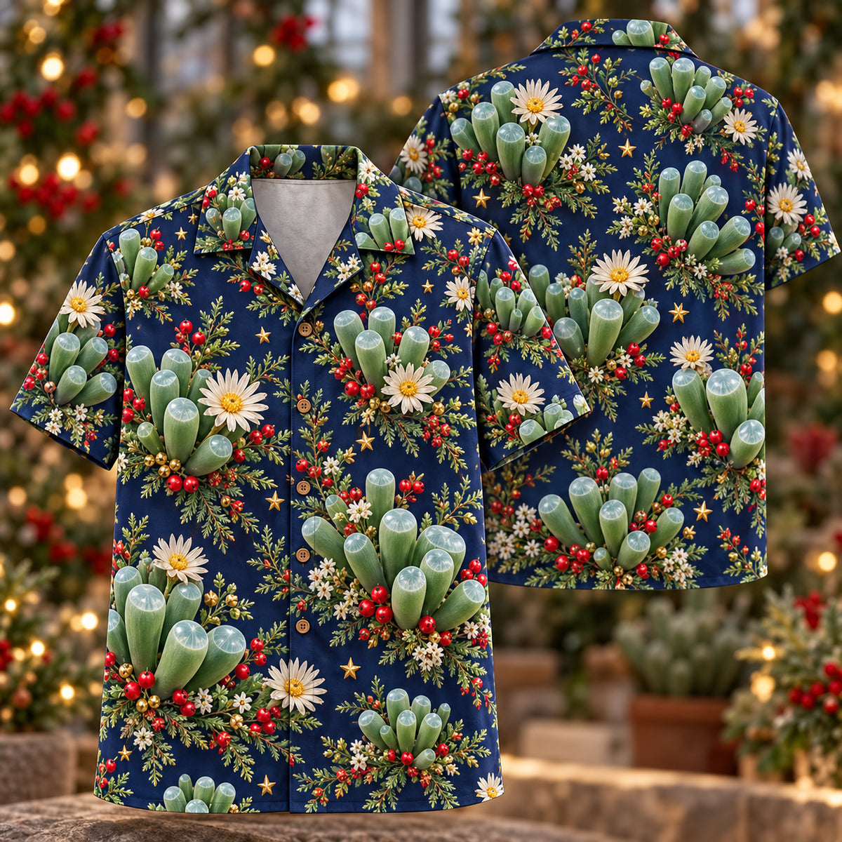 Digital mockup: front and back of one AlohaVero Christmas Jade Fenestraria Sapphire Aloha No Pocket Hawaiian shirt