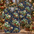 Digital mockup: front and back of one AlohaVero Christmas Jade Fenestraria Sapphire Aloha No Pocket Hawaiian shirt