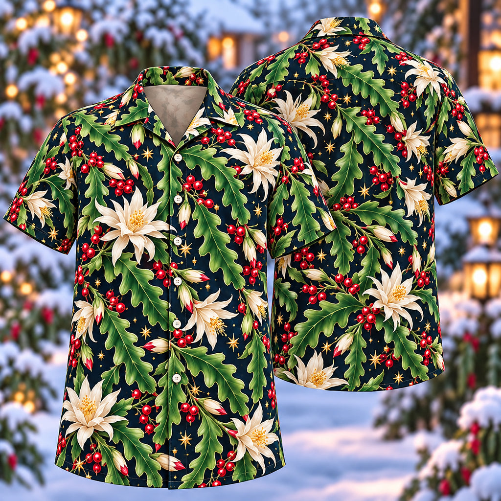 Digital mockup: front and back of one AlohaVero Christmas Jade Fishbone Cactus Navy Aloha No Pocket Hawaiian shirt