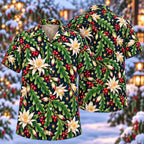 Digital mockup: front and back of one AlohaVero Christmas Jade Fishbone Cactus Navy Aloha No Pocket Hawaiian shirt