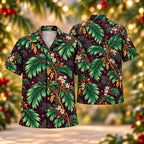 Digital mockup: front and back of one AlohaVero Christmas Jade Fishtail Palm Plum Aloha No Pocket Hawaiian shirt