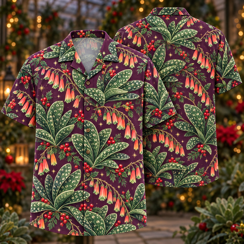 Digital mockup: front and back of one AlohaVero Christmas Jade Gasteria Plum Aloha No Pocket Hawaiian shirt