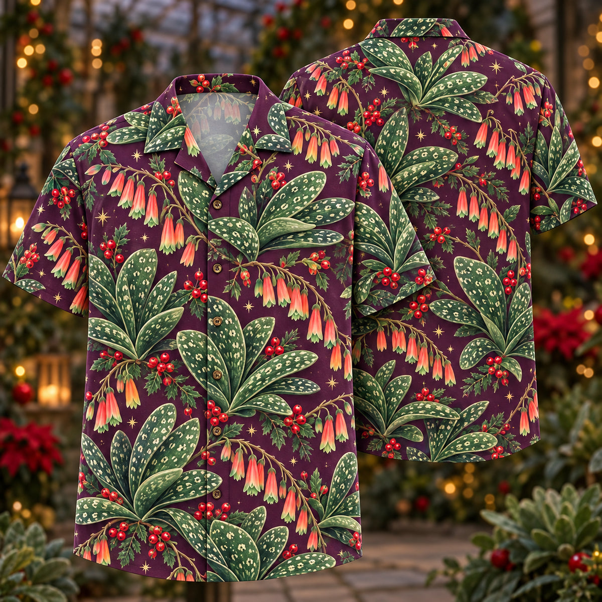 Digital mockup: front and back of one AlohaVero Christmas Jade Gasteria Plum Aloha No Pocket Hawaiian shirt