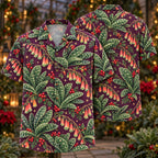 Digital mockup: front and back of one AlohaVero Christmas Jade Gasteria Plum Aloha No Pocket Hawaiian shirt