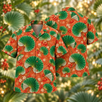Digital mockup: front and back of one AlohaVero Christmas Jade Licuala Copper Aloha No Pocket Hawaiian shirt