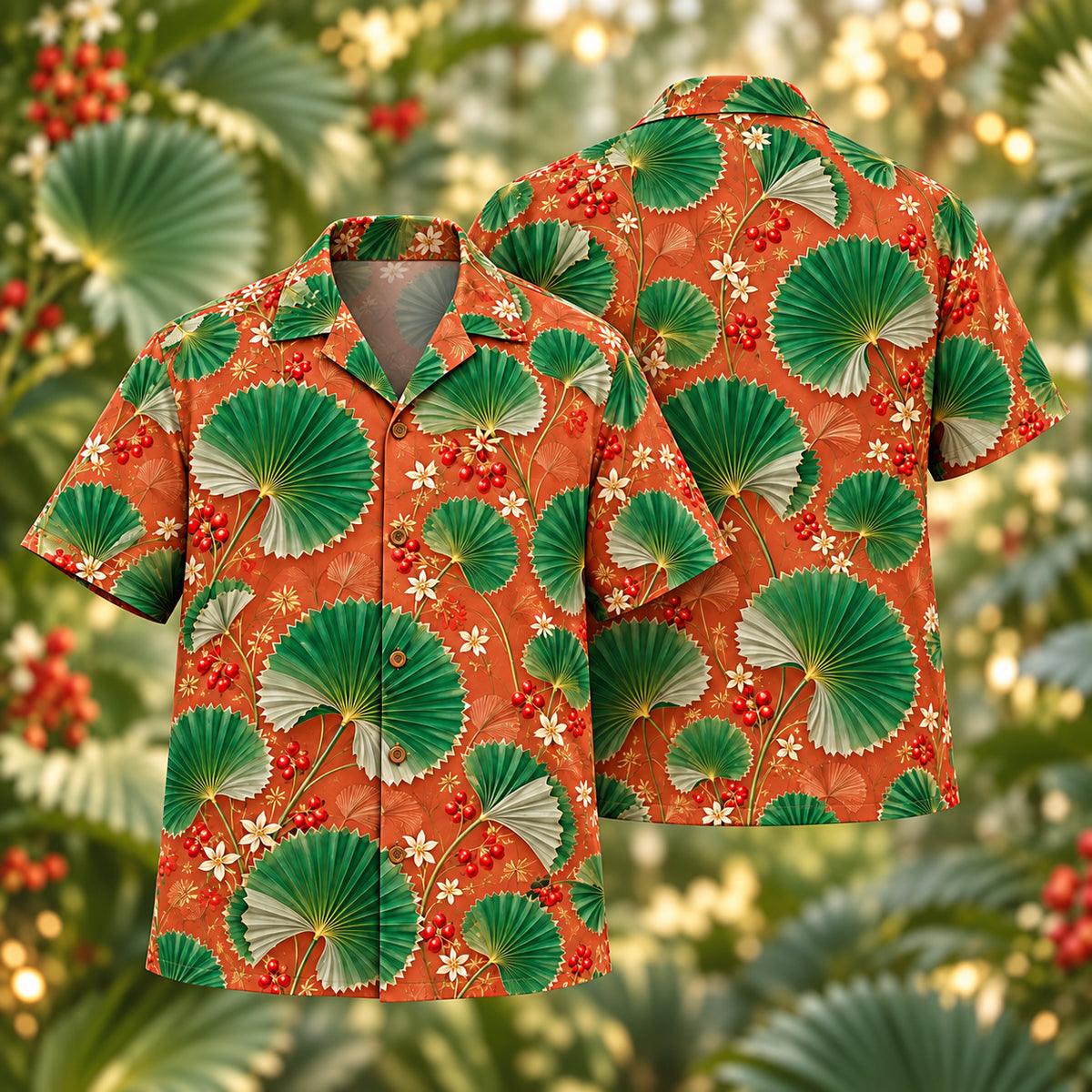 Digital mockup: front and back of one AlohaVero Christmas Jade Licuala Copper Aloha No Pocket Hawaiian shirt