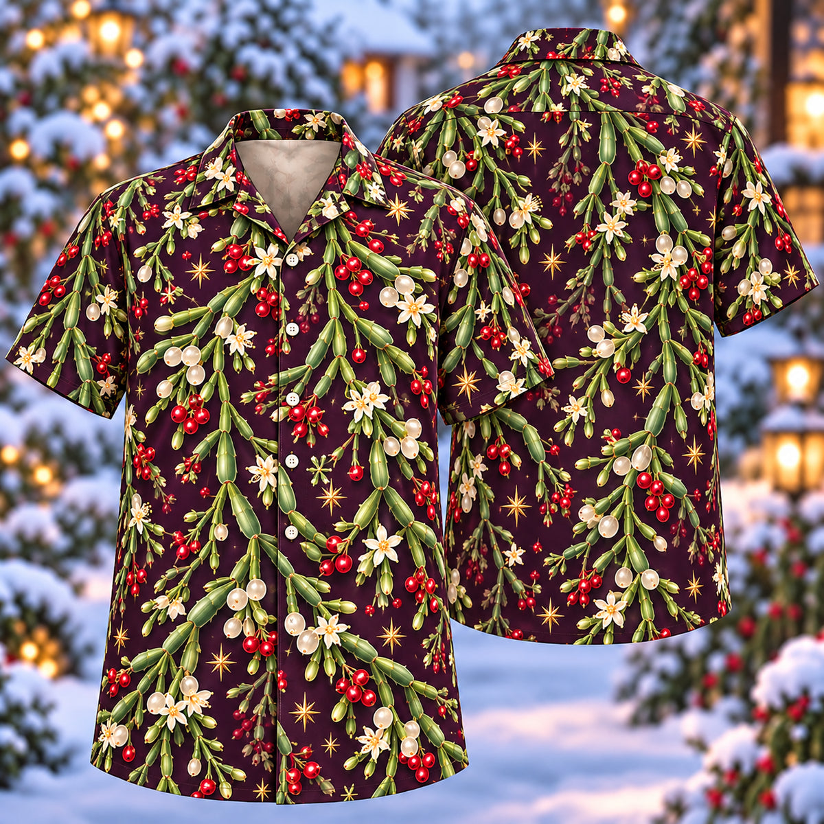 Digital mockup: front and back of one AlohaVero Christmas Jade Mistletoe Cactus Plum Aloha No Pocket Hawaiian shirt