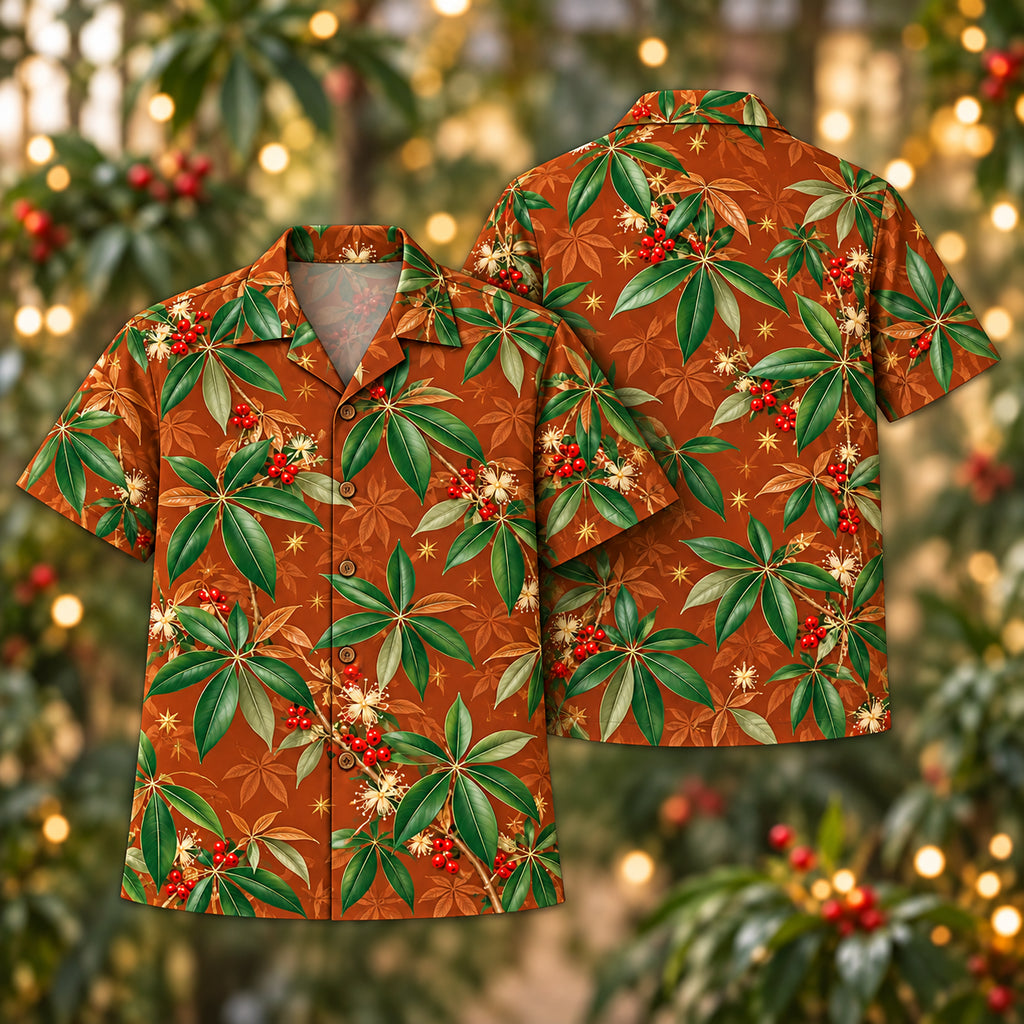 Digital mockup: front and back of one AlohaVero Christmas Jade Pachira Copper Aloha No Pocket Hawaiian shirt