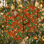 Digital mockup: front and back of one AlohaVero Christmas Jade Pachira Copper Aloha No Pocket Hawaiian shirt