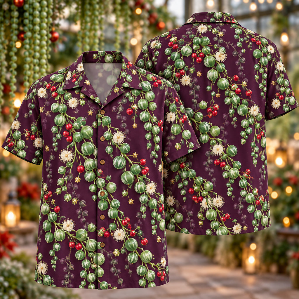 Digital mockup: front and back of one AlohaVero Christmas Jade Pearl Vine Plum Aloha No Pocket Hawaiian shirt