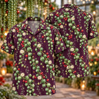 Digital mockup: front and back of one AlohaVero Christmas Jade Pearl Vine Plum Aloha No Pocket Hawaiian shirt