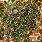 Digital mockup: front and back of one AlohaVero Christmas Jade Pilea Aubergine Aloha No Pocket Hawaiian shirt