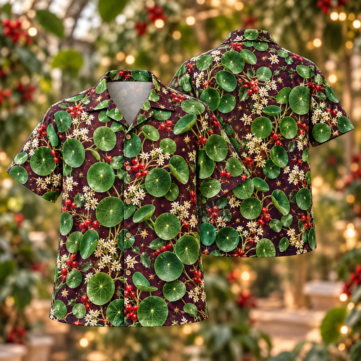 Digital mockup: front and back of one AlohaVero Christmas Jade Pilea Aubergine Aloha No Pocket Hawaiian shirt