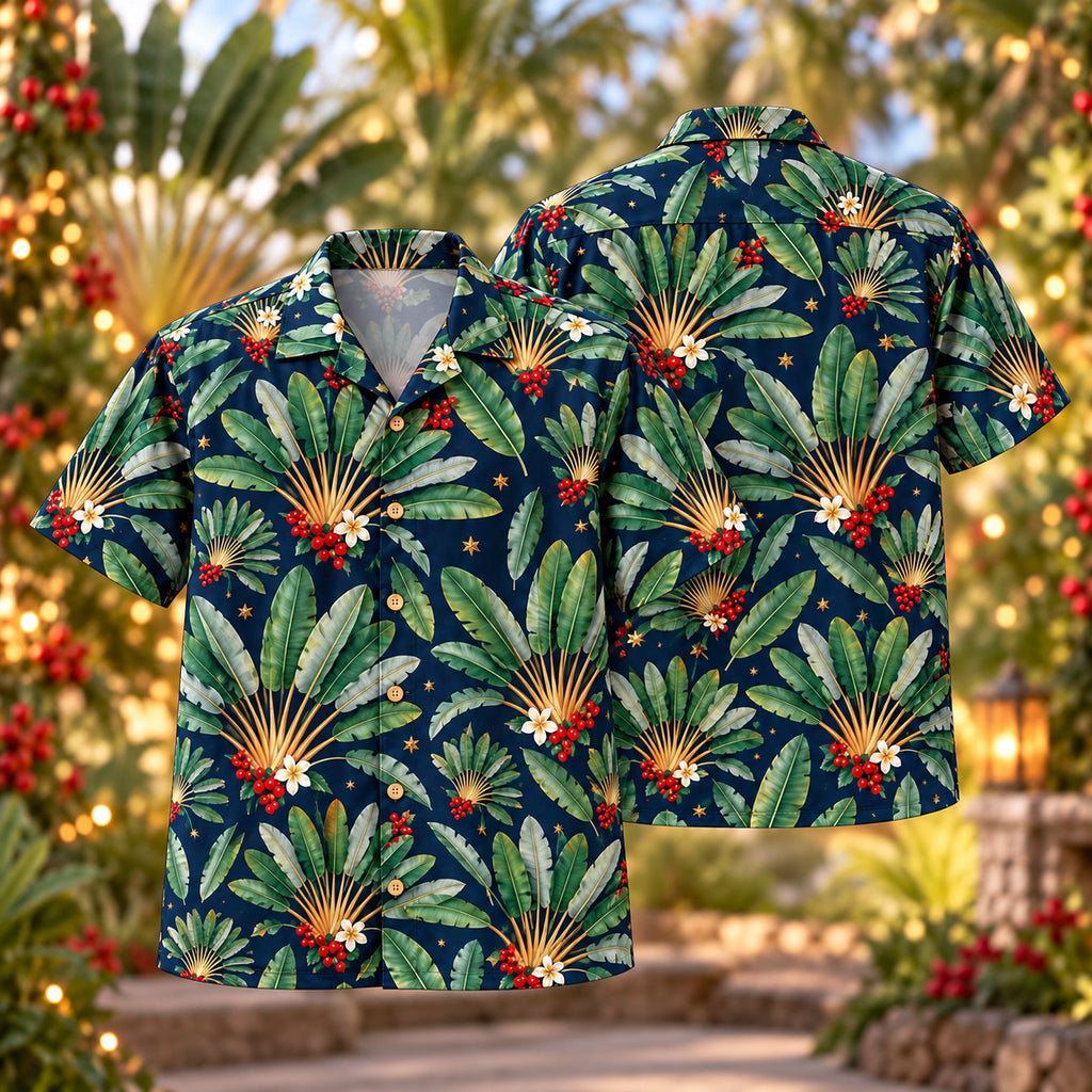 Digital mockup: front and back of one AlohaVero Christmas Jade Ravenala Navy Aloha No Pocket Hawaiian shirt