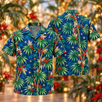 Digital mockup: front and back of one AlohaVero Christmas Jade Rhapis Sapphire Aloha No Pocket Hawaiian shirt