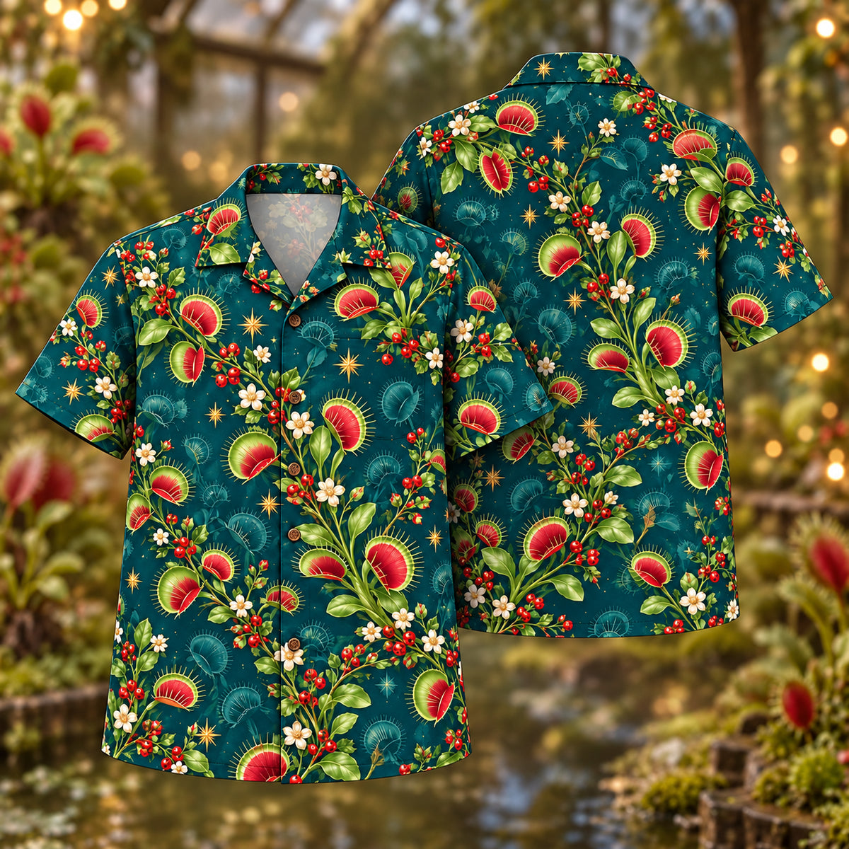 Digital mockup: front and back of one AlohaVero Christmas Jade Ruby Flytrap Peacock Aloha No Pocket Hawaiian shirt